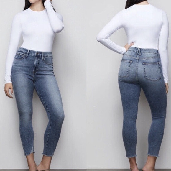 Good American Denim - Good American Good Waist Crop Frayed Hem Jeans Size: 18